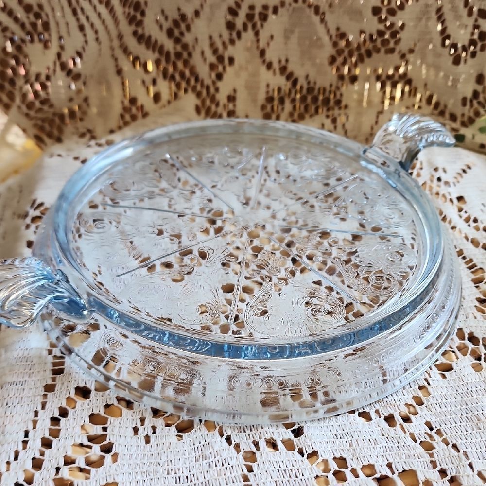 Vintage Fire King Oven Glass Philbe Sapphire Blue Trivet Handled Table Server